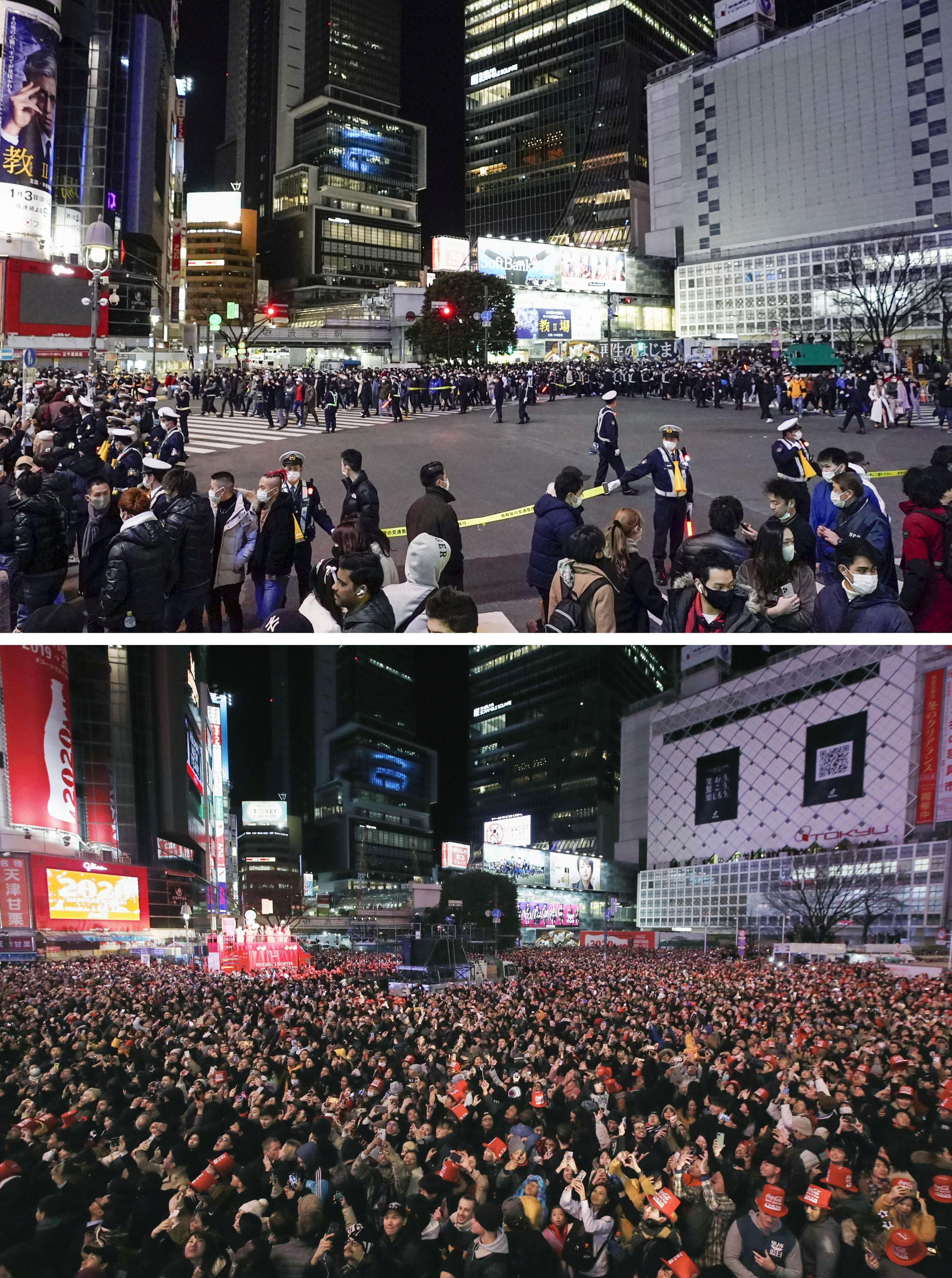 东京跨年夜当晚所有夜班列车取消，涩谷街头（上图）不再举办倒数活动显得冷清。下图为去年同一地点的元旦前夕。-路透社-