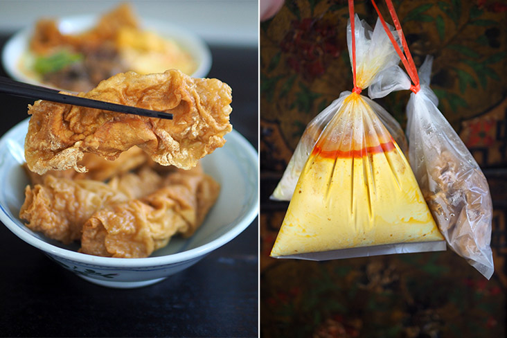 这里的咖喱叻沙配有炸鱼滑腐竹（左图）；面条和咖喱叻沙会分开包装（右图）。-Lee Khang Yi摄-