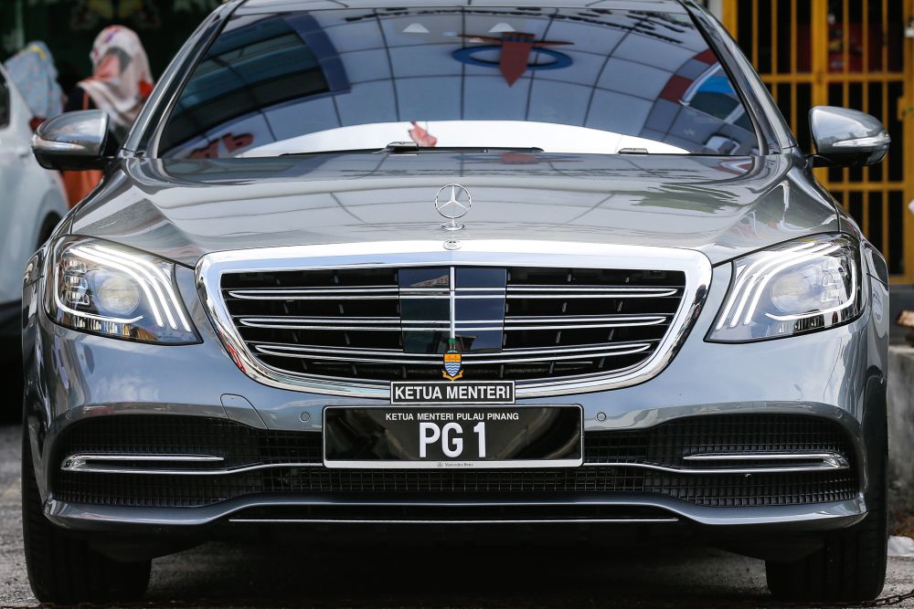 The Mercedes-Benz S560e belonging to the Penang chief minister is pictured at the entrance of Wisma DAP in George Town January 7, 2021. u00e2u20acu201d Picture by Sayuti Zainudin