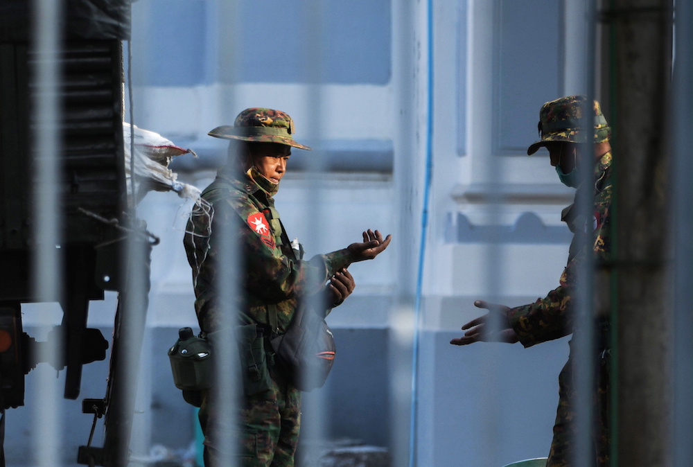 Myanmar soldiers are seen inside City Hall in Yangon, Myanmar February 1, 2021. u00e2u20acu201d Reuters pic 