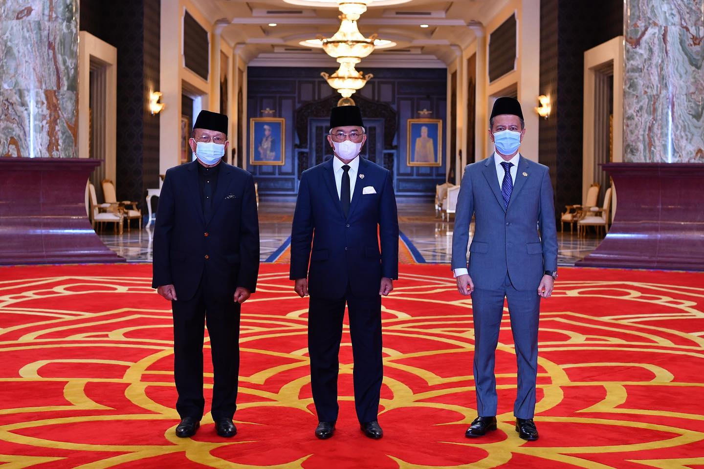 Yang di-Pertuan Agong Al-Sultan Abdullah Riu00e2u20acu2122ayatuddin Al-Mustafa Billah Shah is flanked by Dewan Negara Speaker Tan Sri Rais Yatim (left) and Dewan Rakyat Speaker Datuk Seri Azhar Azizan Harun at the Istana Negara in Kuala Lumpur February 24, 2021. u00e2u20acu201d 