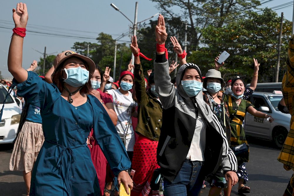 People show the three-finger salute to protest against the military coup and demand the release of elected leader Aung San Suu Kyi, in Yangon, Myanmar, February 6, 2021. u00e2u20acu201d Reuters pic