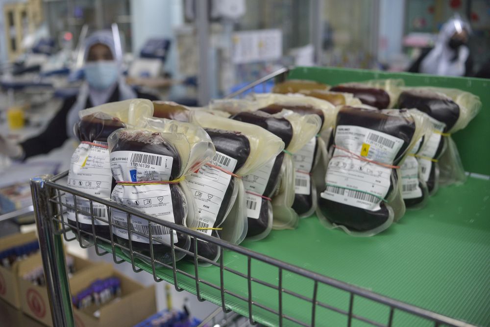 Bags of blood donated by members of the public are seen at the National Blood Centre in Kuala Lumpur February 4, 2021. u00e2u20acu201d Picture by Miera Zulyanann