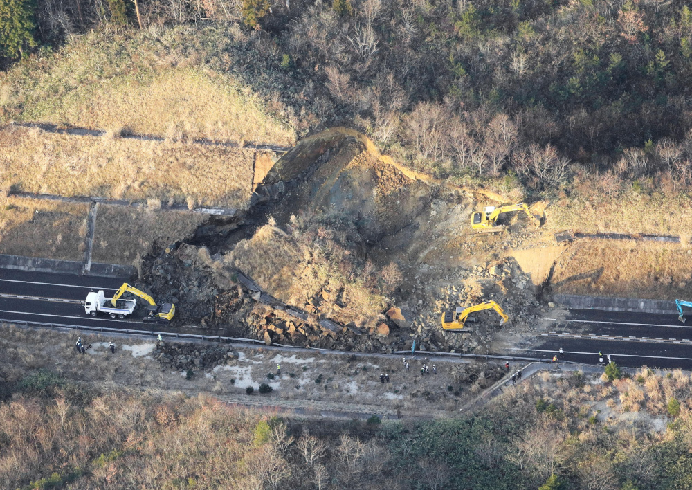 A landslide caused by a strong earthquake blocks on Joban Expressway in Soma, Fukushima Prefecture on February 14, 2021 in this photo taken by Kyodo. u00e2u20acu201d Picture by Kyodo via Reuters