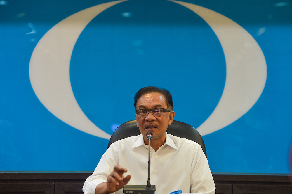 PKR President Datuk Seri Anwar Ibrahim speaks to the press in conjunction with International Womenu00e2u20acu2122s Day at the PKR headquarters in Petaling Jaya March 8, 2021. Picture u00e2u20acu201d by Miera Zulyana