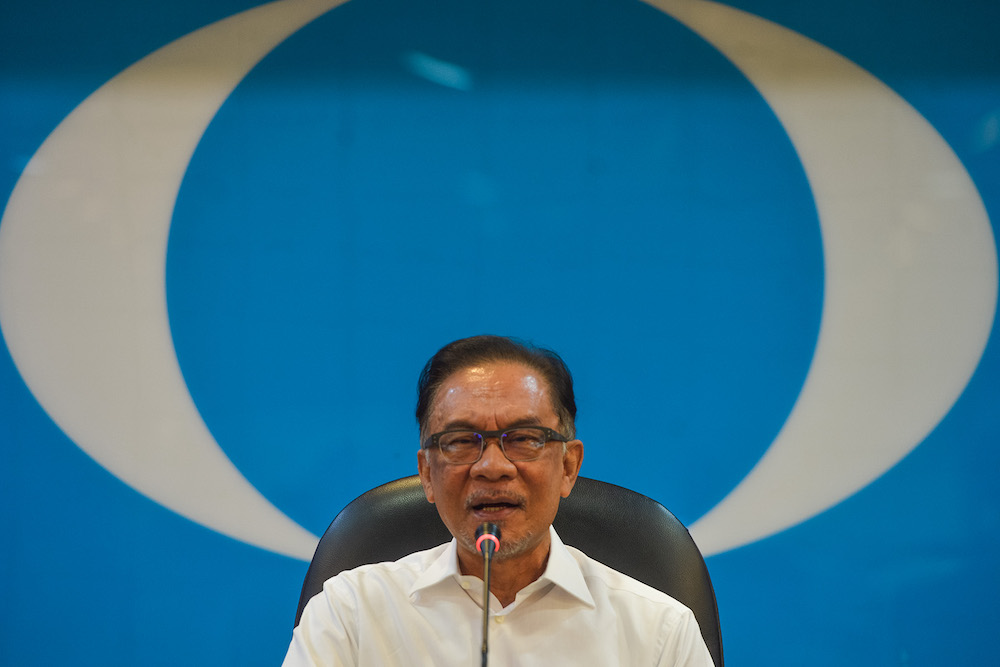 PKR President Datuk Seri Anwar Ibrahim speaks to the press in conjunction with International Womenu00e2u20acu2122s Day at the PKR headquarters in Petaling Jaya March 8, 2021. Picture u00e2u20acu201d by Miera Zulyana