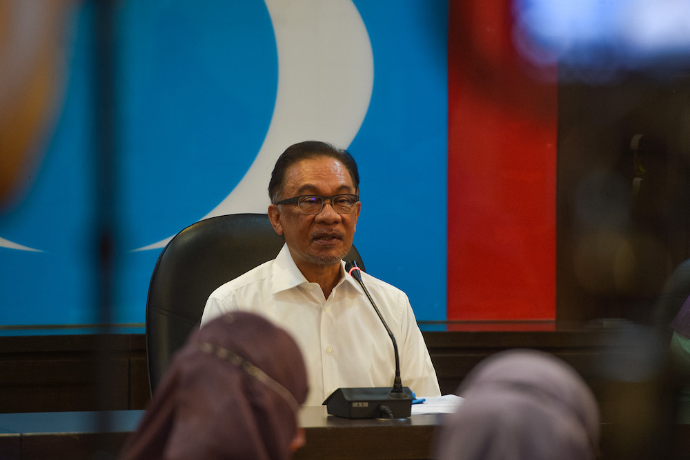 PKR President Datuk Seri Anwar Ibrahim speaks to the press in conjunction with International Womenu00e2u20acu2122s Day at the PKR headquarters in Petaling Jaya March 8, 2021. Picture u00e2u20acu201d by Miera Zulyana