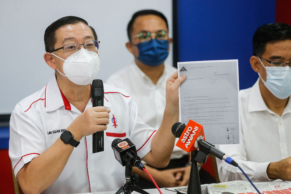 DAP Secretary General Lim Guan Eng speaks to the press at a press conference in Wisma DAP, George Town March 8, 2021. u00e2u20acu201d Picture by Sayuti Zainudin