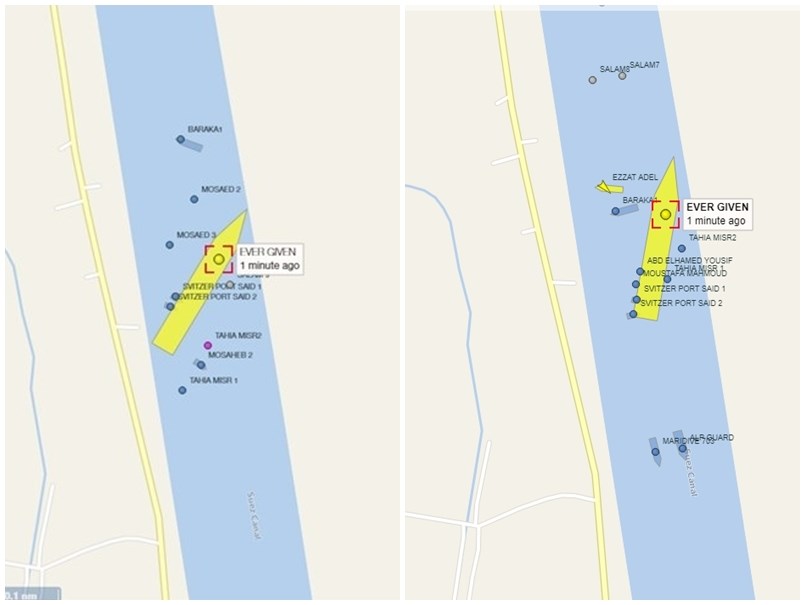 长荣海运货柜轮长赐号搁浅埃及苏伊士运河6天，周日已部分脱浅。图左为23日画面，图右为28日。-图取自vesselfinder.com-