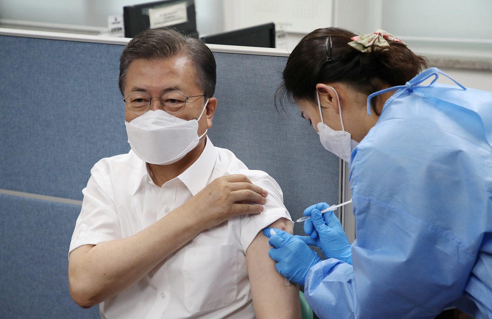 South Korean President Moon Jae-in receives a coronavirus disease vaccine in Seoul, South Korea, March 23, 2021. u00e2u20acu201d Yonhap pic via Reuters
