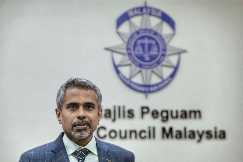 Newly elected Malaysian Bar president AG Kalidas speaks during a press conference at Malaysia Bar council building March 13,2021. u00e2u20acu201d Picture by Ahmad Zamzahuri