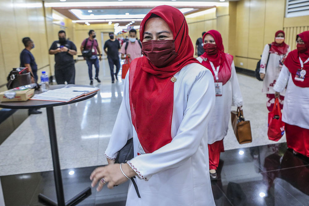 Wanita Umno chief, Datuk Seri Noraini Ahmad is pictured at the 2020 Umno annual general meeting in Kuala Lumpur March 27, 2021. u00e2u20acu201d  Photo by Hari Anggara.nn