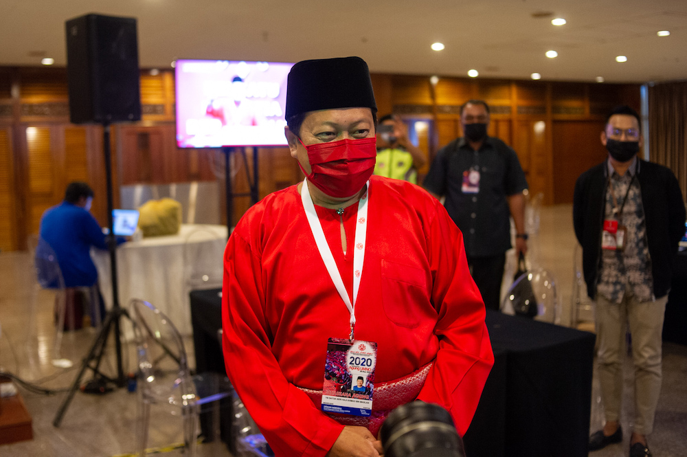 Umno secretary-general, Datuk Seri Ahmad Maslan is pictured during the 2020 Umno annual general meeting in Kuala Lumpur on March 28, 2021. u00e2u20acu2022 Picture by Shafwan Zaidonnn