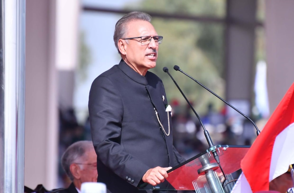 Pakistani President Arif Alvi speaks during the Pakistan Day military parade in Islamabad, Pakistan March 25, 2021.