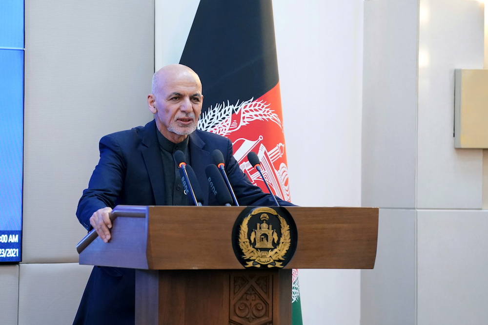 Afghan president Ashraf Ghani speaks during a ceremony as the country starts vaccination campaign with AstraZenecau00e2u20acu2122s Covid-19 vaccines from India, at the Afghan Presidential Palace in Kabul, Afghanistan February 23, 2021. u00e2u20acu201d Reuters picnnnn