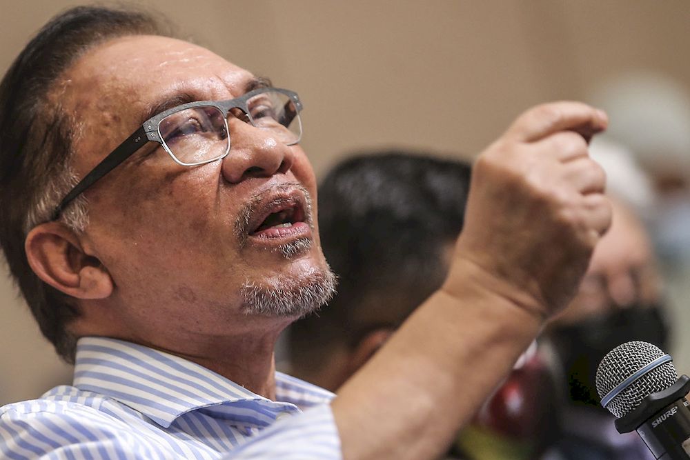 PKR president Datuk Seri Anwar Ibrahim speaking during a press conference at Eastin Hotel in Petaling Jaya, March 16, 2021. u00e2u20acu2022 Picture by Hari Anggara