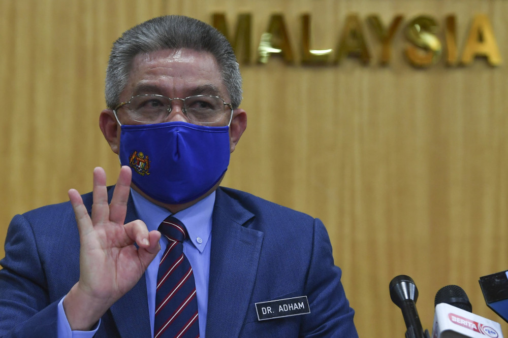 Health Minister Datuk Seri Dr Adham Baba during a press conference in the presence of Minister in the Prime Ministeru00e2u20acu2122s Department (Parliament and Law) Datuk Seri Takiyuddin Hassan at the Health Ministry March 3, 2021. u00e2u20acu201d Bernama pic 