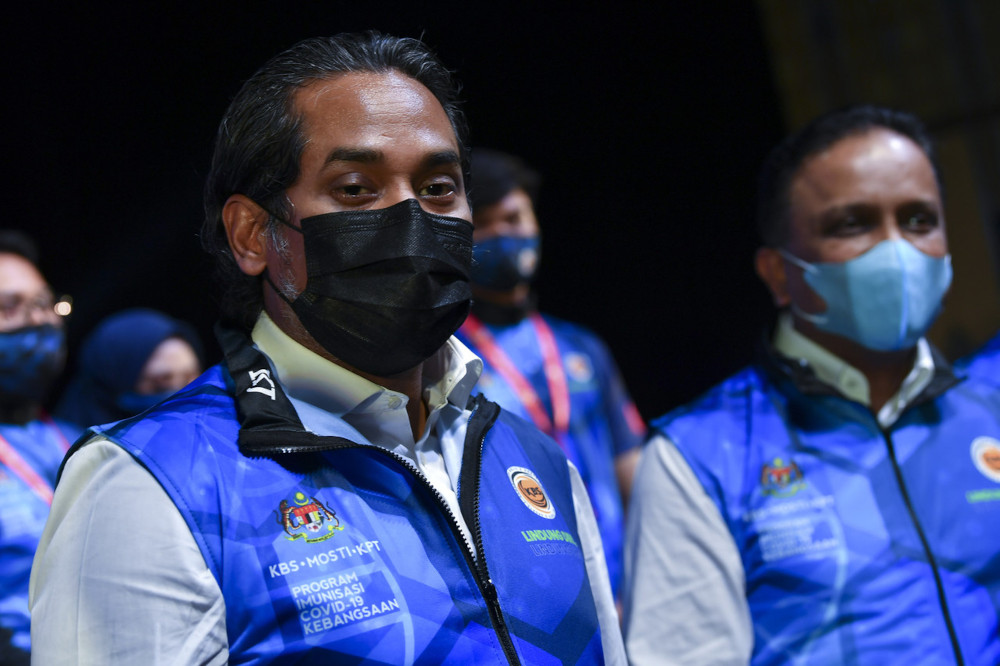 Khairy Jamaluddin and Datuk Seri Reezal Merican Naina Merican at a media conference at the Malaysia Vaccine Support Volunteers (MYVAC) duty assignment in Putrajaya, March 31, 2021. u00e2u20acu201d Bernama picn