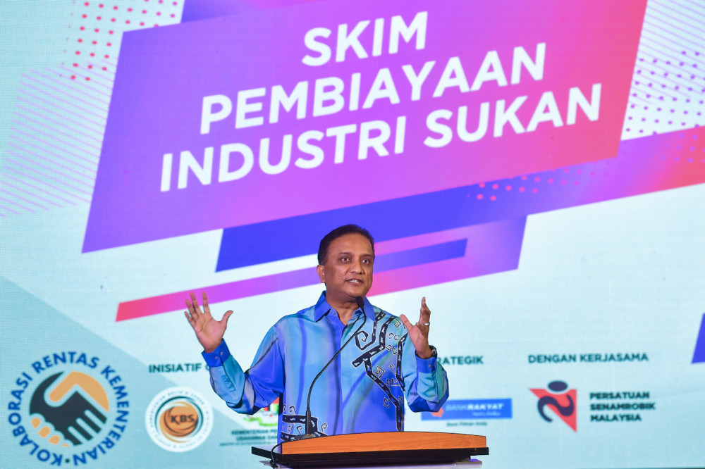 Youth and Sports Minister Datuk Seri Reezal Merican Naina Merican speaks during the launch of the Sports Industry Financing Scheme at the Ministry of Youth and Sports in Putrajaya, March 11, 2021. u00e2u20acu201d Bernama pic 