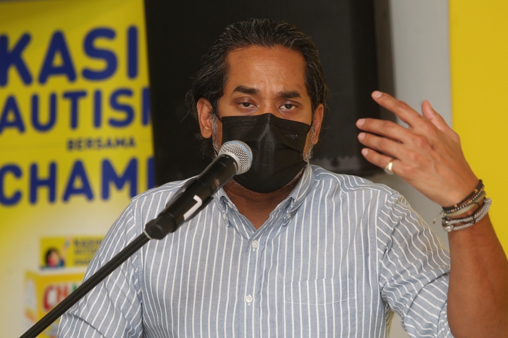 Khairy Jamaluddin speaks to the media after the launch of  CHAMPSu00c2u00ae-NASOM Autism Awareness campaign in Subang April 9, 2021. u00e2u20acu201d Picture by Choo Choy May