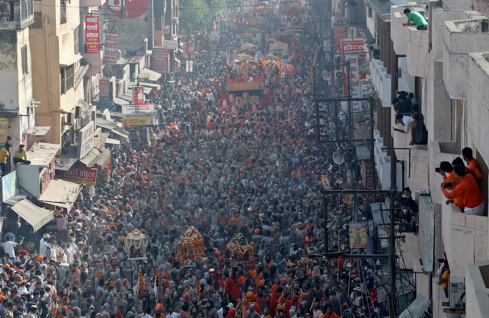 Naga Sadhus, or Hindu holy men participate in a procession to take a dip in the Ganges river during Shahi Snan at u00e2u20acu02dcKumbh Melau00e2u20acu2122, or the Pitcher Festival, amidst the spread of Covid-19, in Haridwar, India April 14, 2021. u00e2u20acu201d Reuters pic