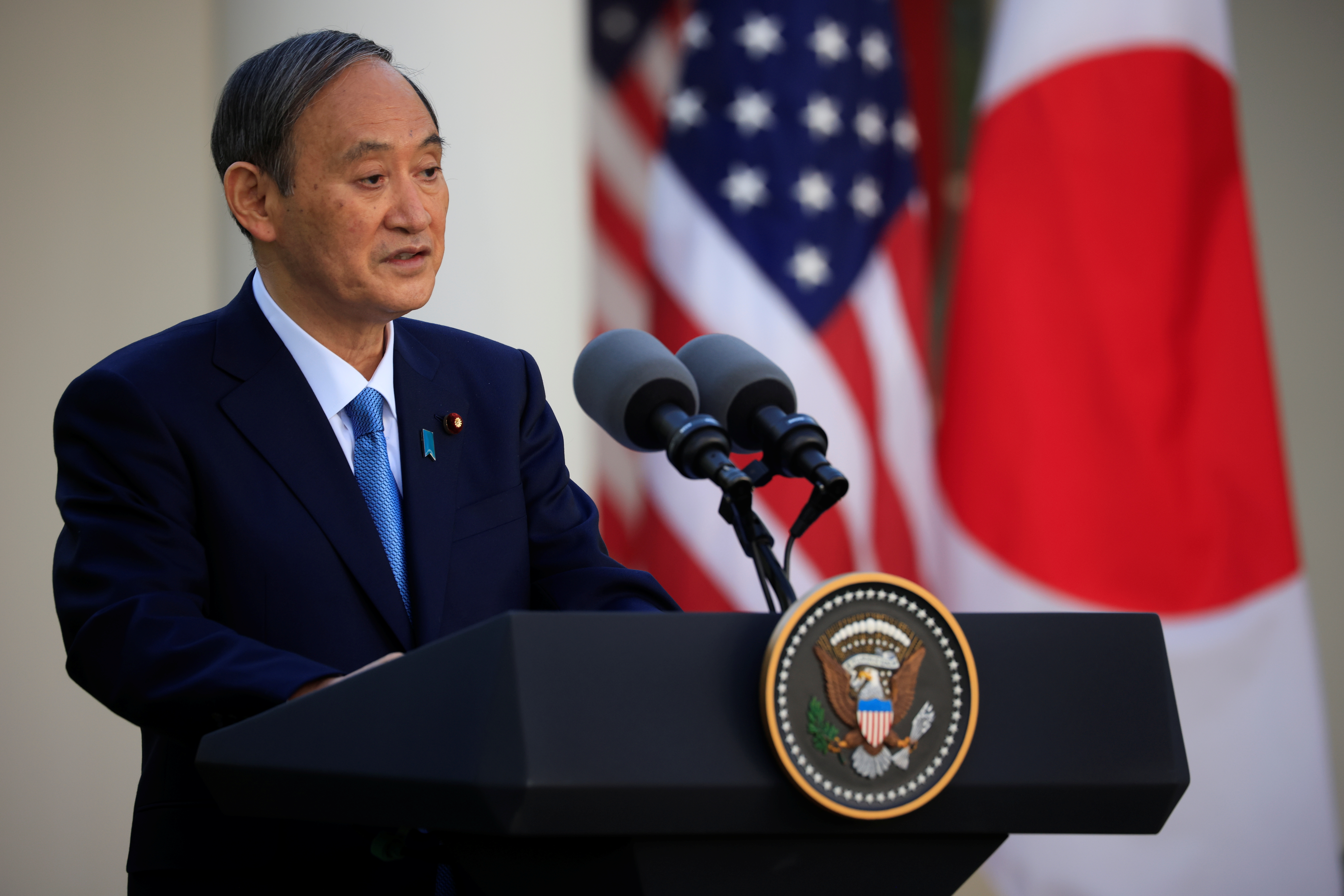 Japanu00e2u20acu2122s Prime Minister Yoshihide Suga addresses a joint news conference with US President Joe Biden in the Rose Garden at the White House in Washington, US, April 16, 2021. u00e2u20acu201d Reuters picnnnn
