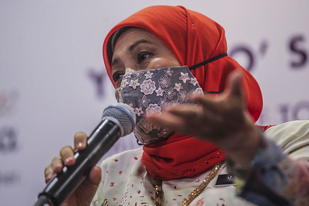 Minister of Tourism, Art and Culture Datuk Seri Nancy Shukri speaks during the Malaysia Business Events Strategic Marketing Plan 2021-2030 Programme in Pullman Bangsar April 15, 2021. u00e2u20acu2022 Picture by Hari Anggara