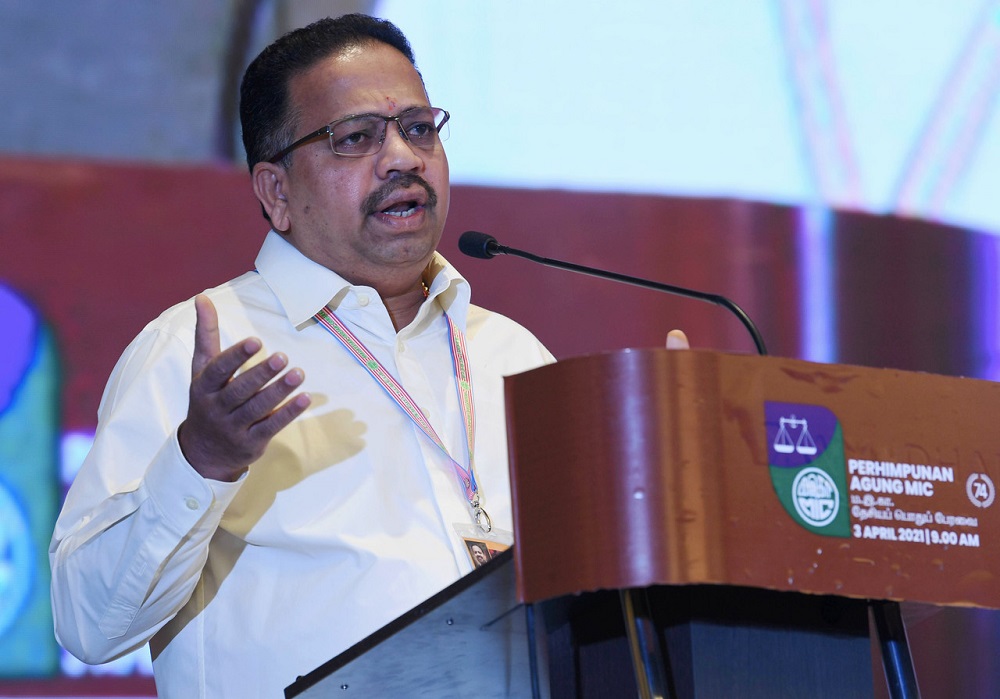 MIC president Tan Sri S.A Vigneswaran speaks during the partyu00e2u20acu2122s 74th annual general meeting in Klang April 3, 2021. u00e2u20acu201d Bernama pic