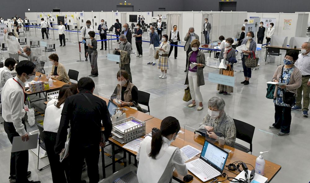 Target participants (elderly person) take part in a mass inoculation trial of the new coronavirus Covid-19 vaccine at an event hall in Fukuoka City, Fukuoka Prefecture on April 24, 2021. u00e2u20acu201d The Yomiuri Shimbun picture via Reuters