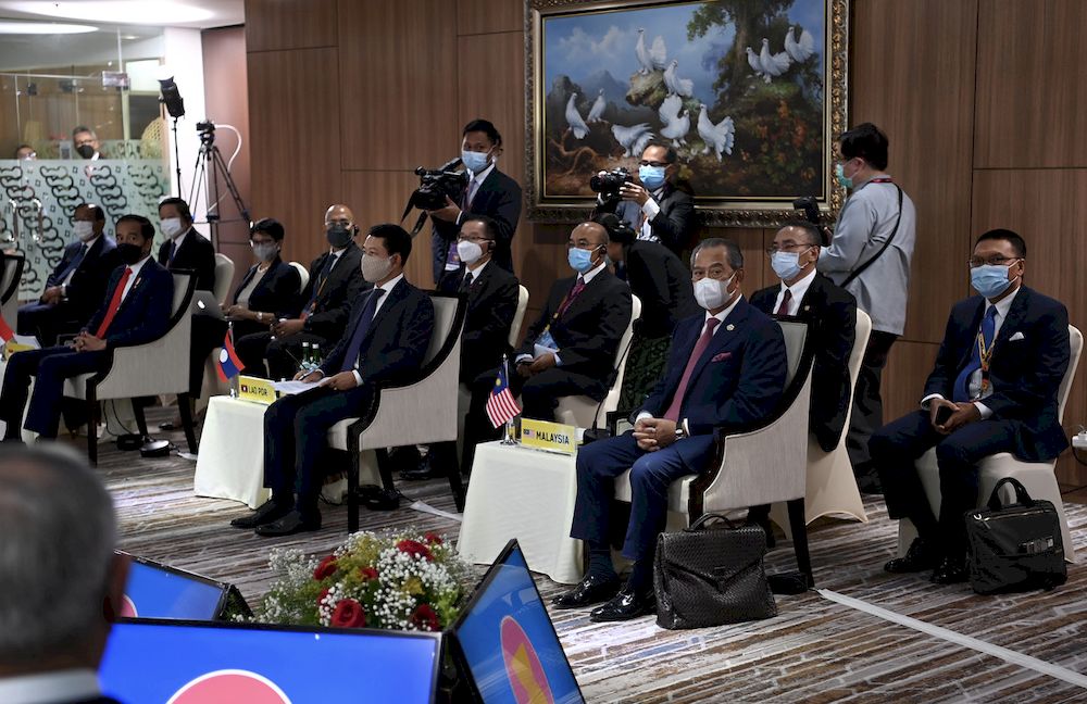 Prime Minister Tan Sri Muhyiddin Yassin attending a special Asean Leadersu00e2u20acu2122 Meeting on the crisis in Myanmar, chaired by Bruneiu00e2u20acu2122s Sultan Hassanal Bolkiah at the Asean Secretariat in Jakarta, April 24, 2021. u00e2u20acu201d Bernama pic