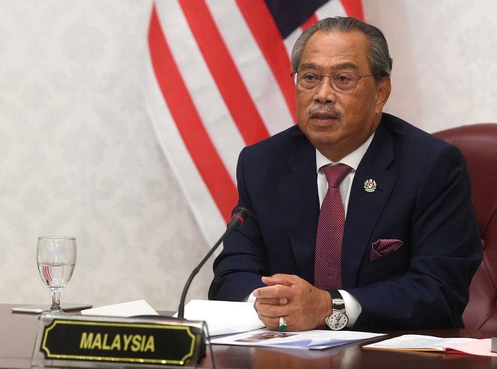 Malaysian Prime Minister Tan Sri Muhyiddin Yassin speaks during the virtual 10th Summit of the D-8 at his office in Putrajaya April 8, 2021. u00e2u20acu201d Bernama pic