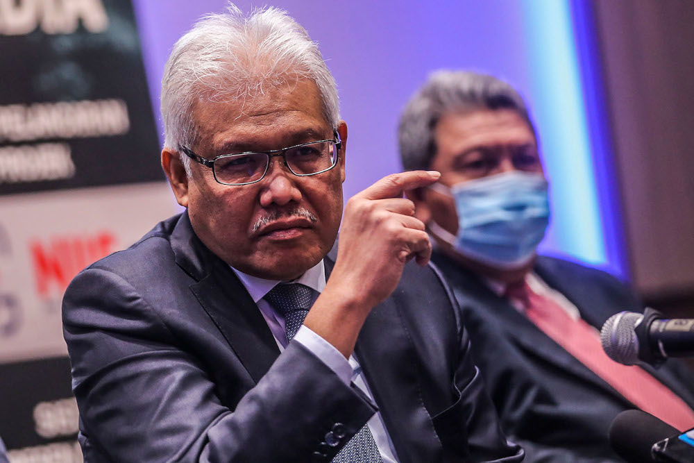 Home Minister Datuk Seri Hamzah Zainudin speaks to the media during the launch of the new National Immigration Systems at Hilton Kuala Lumpur April 8, 2021. u00e2u20acu2022 Picture by Hari Anggara