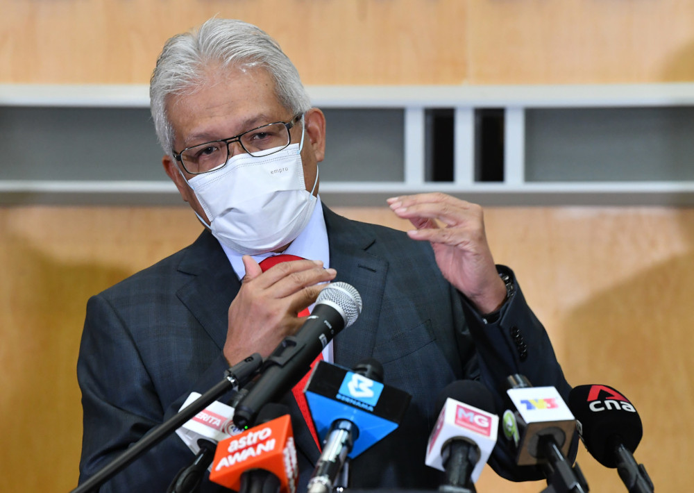 Home Minister Datuk Seri Hamzah Zainudin speaks to the media after co-chairing the Joint Committee Meeting on Management of Foreign Workers with Human Resources Minister Datuk Seri M. Saravanan in Putrajaya, April 22, 2021. u00e2u20acu201d Bernama pic 