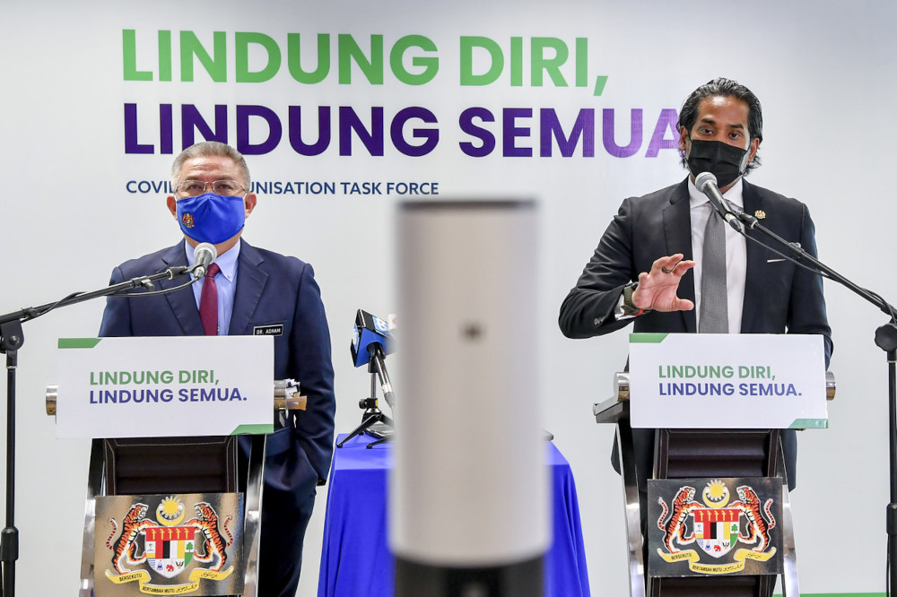 Khairy Jamaluddin, who leads the National Covid-19 Immunisation Programme (NIP) in a joint press conference with Health Minister Datuk Seri Dr Adham Baba, in Putrajaya, April 19, 2021. u00e2u20acu201d Bernama pic 