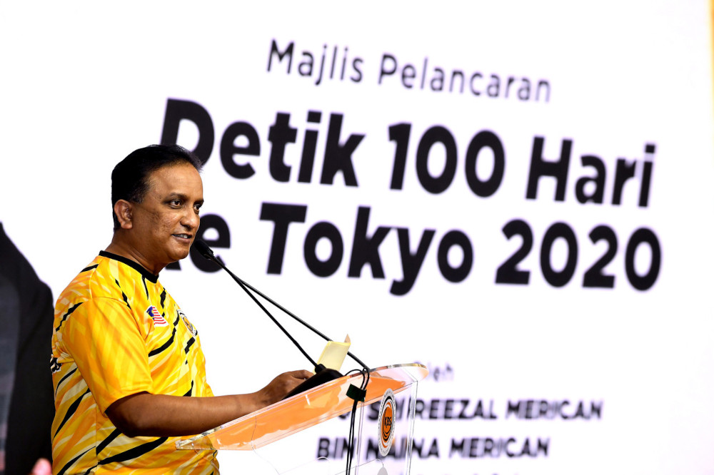 Youth and Sports Minister Datuk Seri Reezal Merican Naina Merican gives a speech at the 100 Days to Tokyo ceremony launch at the National Sports Council in Kuala Lumpur, April 14, 2021. u00e2u20acu201d Bernama pic 