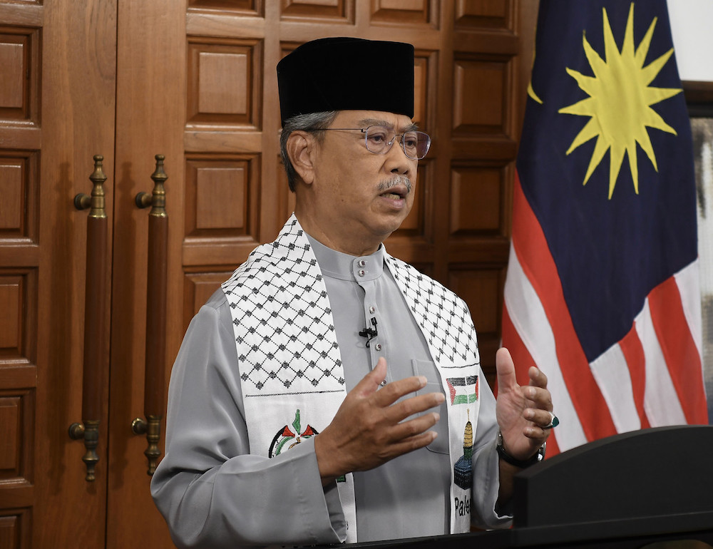 Prime Minister Tan Sri Muhyiddin Yassin speaks during the Special Message on Issues on Palestine which was broadcast live today, May 15, 2021. u00e2u20acu201d Bernama pic