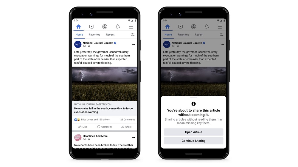 Facebook has unveiled a screenshot of the warning users will receive before sharing an article. u00e2u20acu201d Picture courtesy of Facebook via ETX Studio
