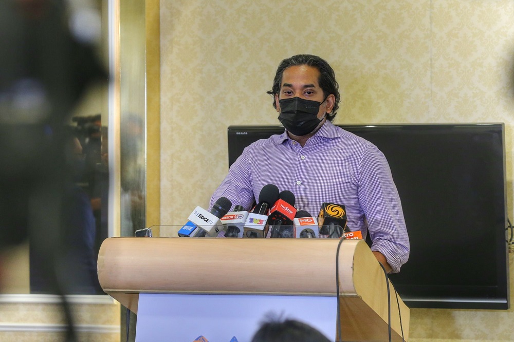 Minister of Science, Technology and Innovation Khairy Jamaluddin speaks to the press during a visit to the Covid-19 vaccination centre at the World Trade Centre Kuala Lumpur May 5, 2021. u00e2u20acu2022 Picture by Ahmad Zamzahuri
