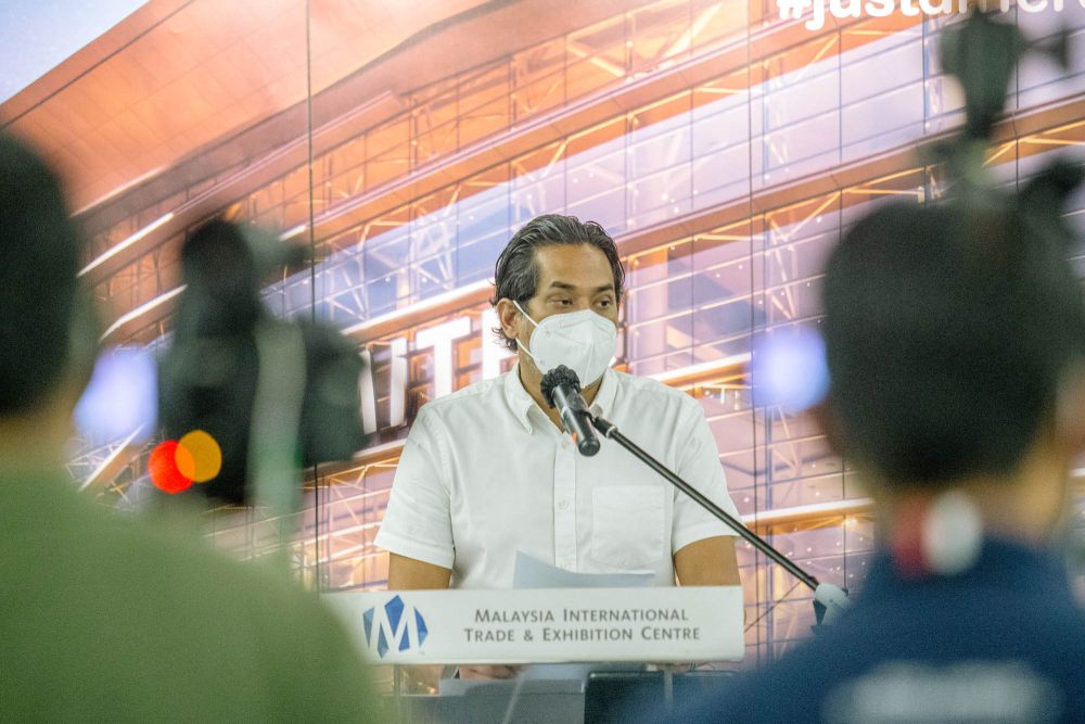 Minister of Science, Technology and Innovation Khairy Jamaluddin speaks during a press conference at the Malaysia International Trade and Exhibition Centre in Kuala Lumpur May 30, 2021. u00e2u20acu201d  Picture by Firdaus Latif