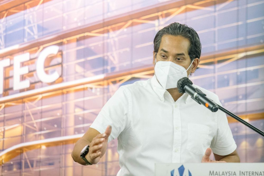 Minister of Science, Technology and Innovation Khairy Jamaluddin speaks during a press conference at the Malaysia International Trade and Exhibition Centre in Kuala Lumpur May 30, 2021. u00e2u20acu201d  Picture by Firdaus Latif