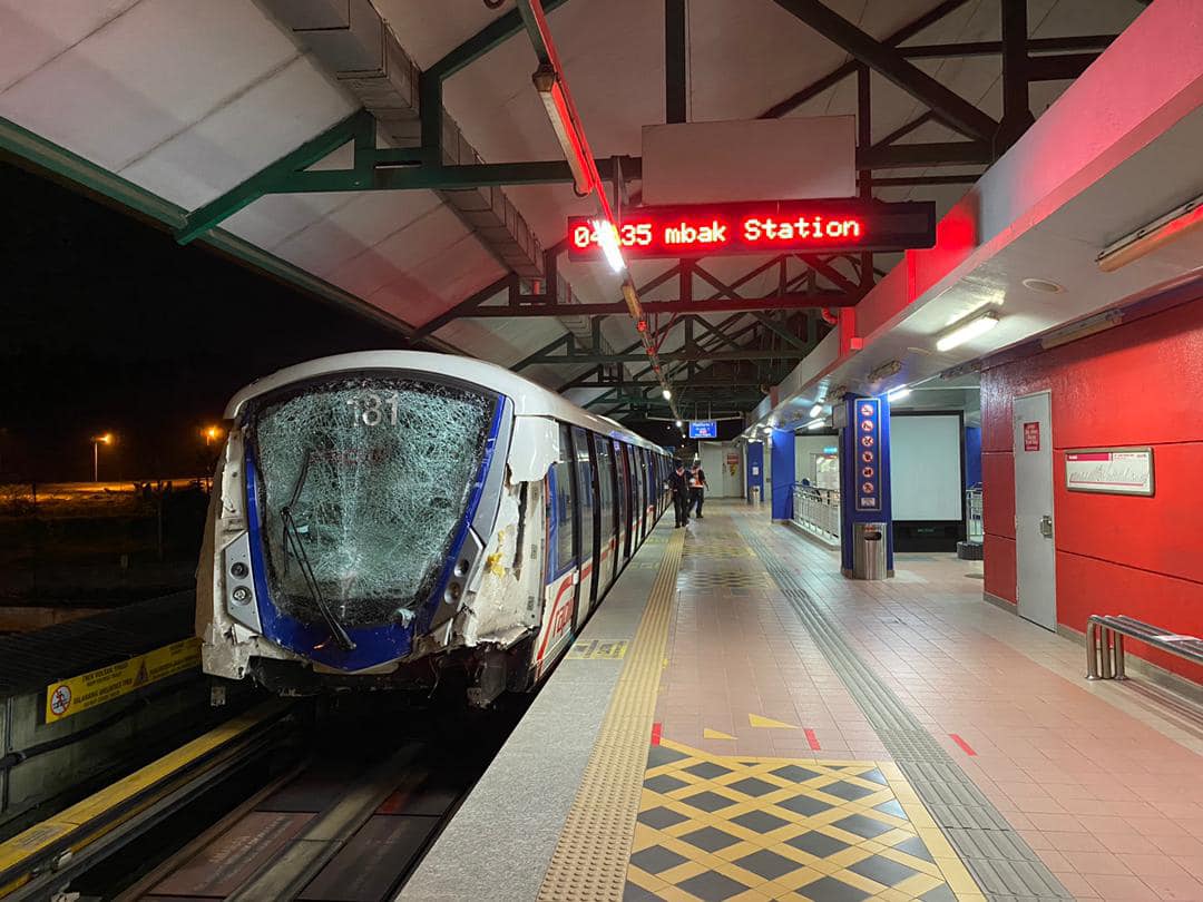 The damaged LRT train TR81 is pictured at the Gombak tail track in Kuala Lumpur May 27, 2021. u00e2u20acu201d Picture via Facebook