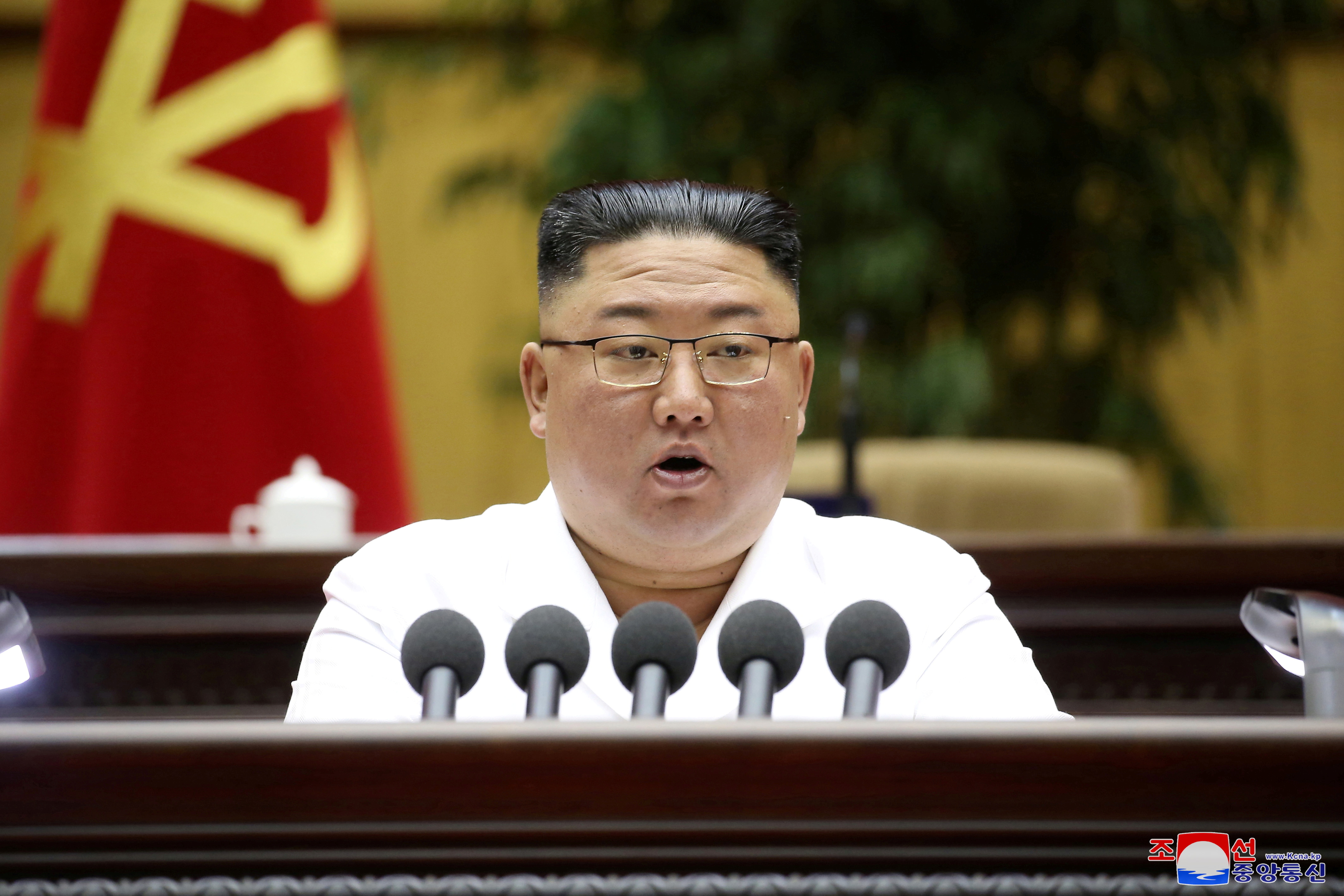金正恩上次在朝鲜官媒露脸是在4月9日，当时他的脖子又短又粗，还有双下巴。-朝中社-