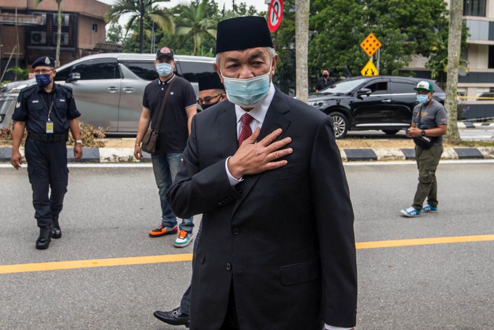 Umno president Datuk Seri Ahmad Zahid Hamidi speaks to members of the press outside Istana Negara in Kuala Lumpur June 11, 2021. u00e2u20acu201d Picture by Firdaus Latifn