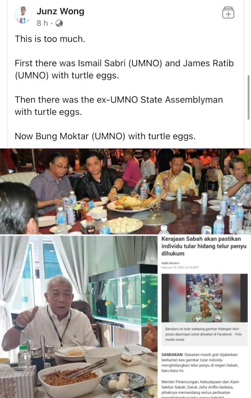 王鸿俊今早在脸书上载一张邦莫达坐在餐桌前享用类似海龟蛋餐点的照片。 -图摘自王鸿俊脸书-