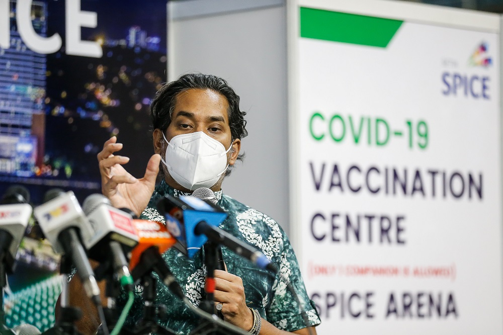 Minister of Science Technology and Innovation Khairy Jamaluddin speaks to reporters after visiting the Vaccine Distribution Centre at the SPICE Arena in George Town June 2, 2021. u00e2u20acu2022 Picture by Sayuti Zainudin
