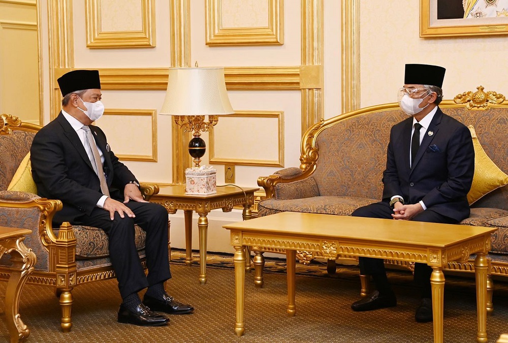 Prime Minister Tan Sri Muhyiddin Yassin meeting the Yang di-Pertuan Agong Al-Sultan Abdullah Riu00e2u20acu2122ayatuddin Al-Mustafa Billah Shah at Istana Negara this morning, June 9, 2021. u00e2u20acu2022 Picture via Facebook/Istana Negara