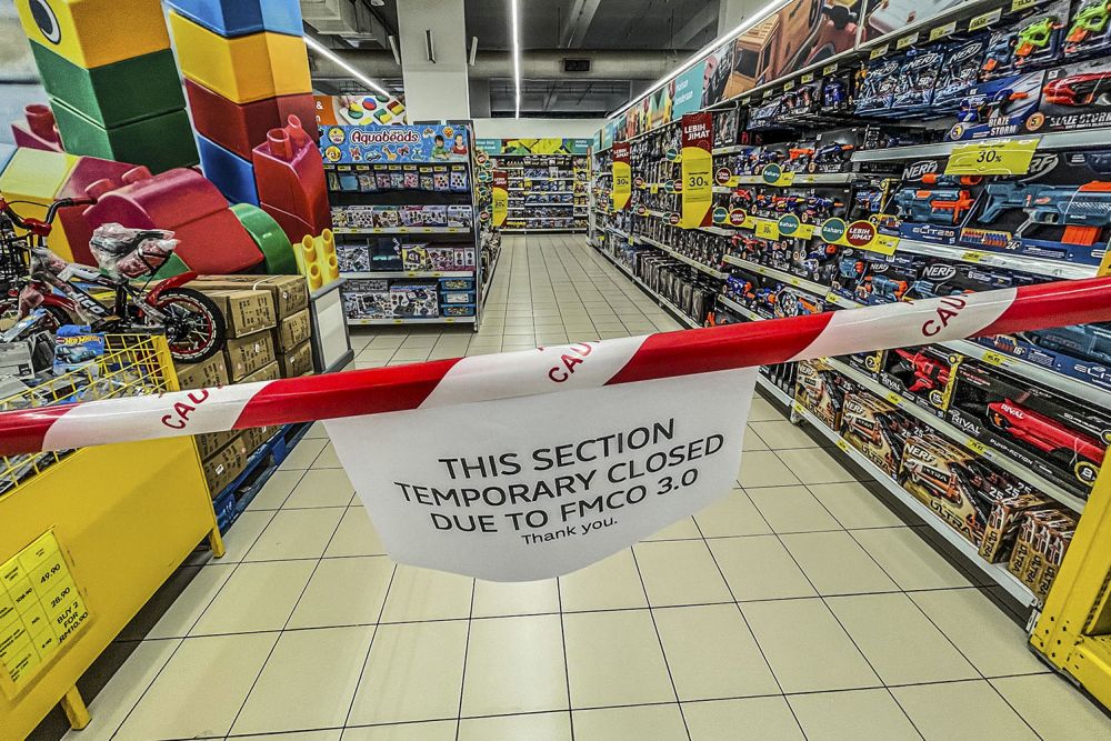 A section selling toys is cordoned off at the Lotus hypermarket in Kepong June 7, 2021. u00e2u20acu201d Picture by Hari Anggarann