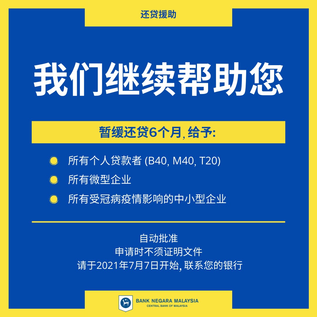 从周三（7日）起，所有个人贷款者（B40、M40、T20）、微型企业和受新型冠状病毒（Covid-19）疫情影响的中小型企业（SME*）皆可申请为期6个月的还贷援助计划，而且申请时不须呈交证明文件。-图取自国家银行-