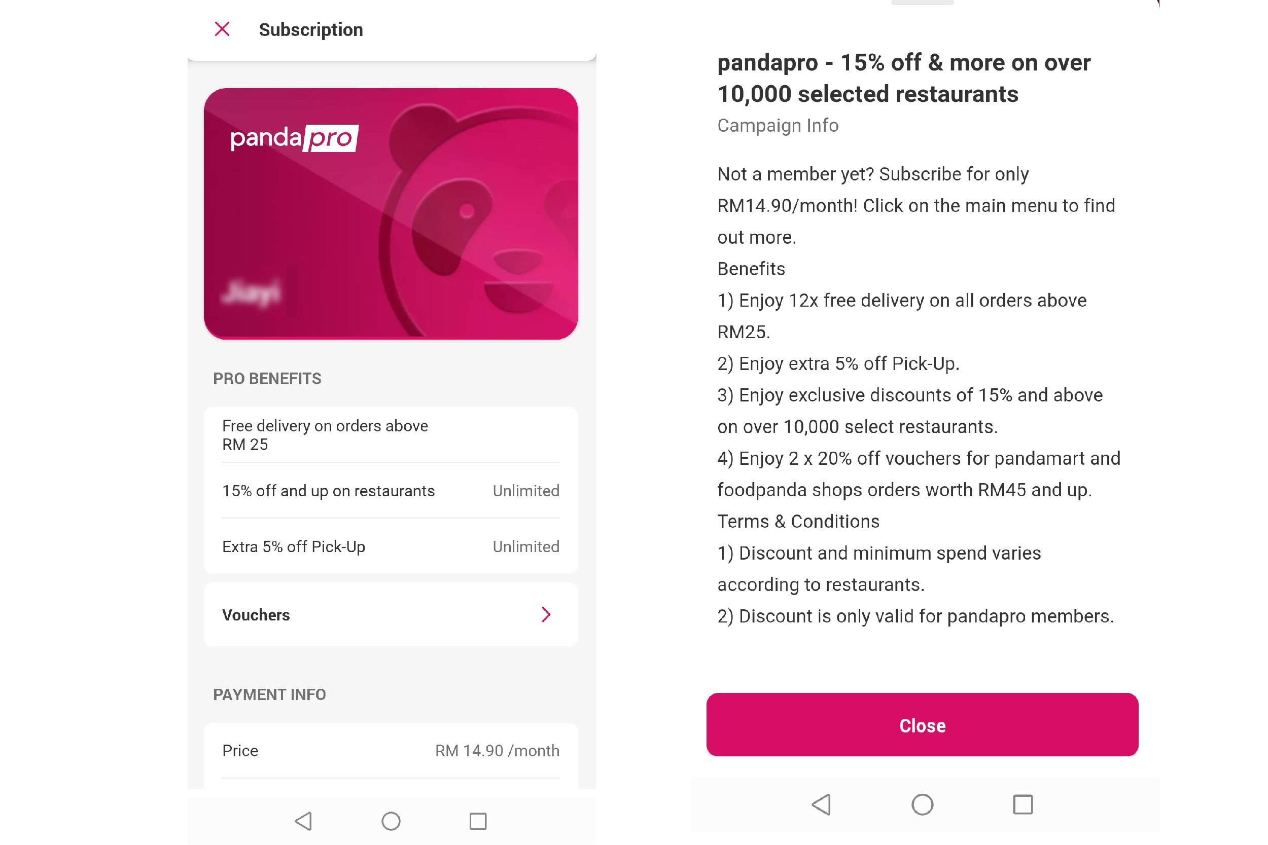 一旦成功订阅，订户将立即享有15%及以上的独家优惠。-图取自foodpanda应用程序-