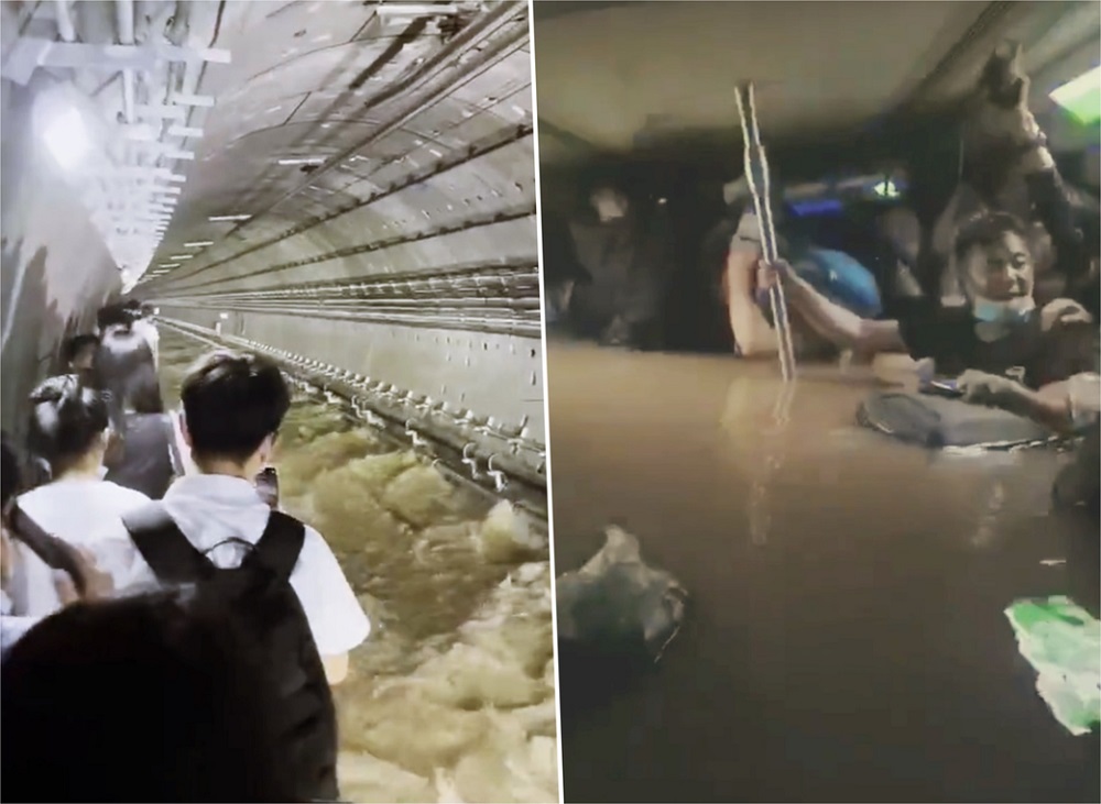 社交媒体上令人揪心的画面显示，事发时郑州地铁部分车厢内的水位一度达到人的胸膛。-图取自网络-